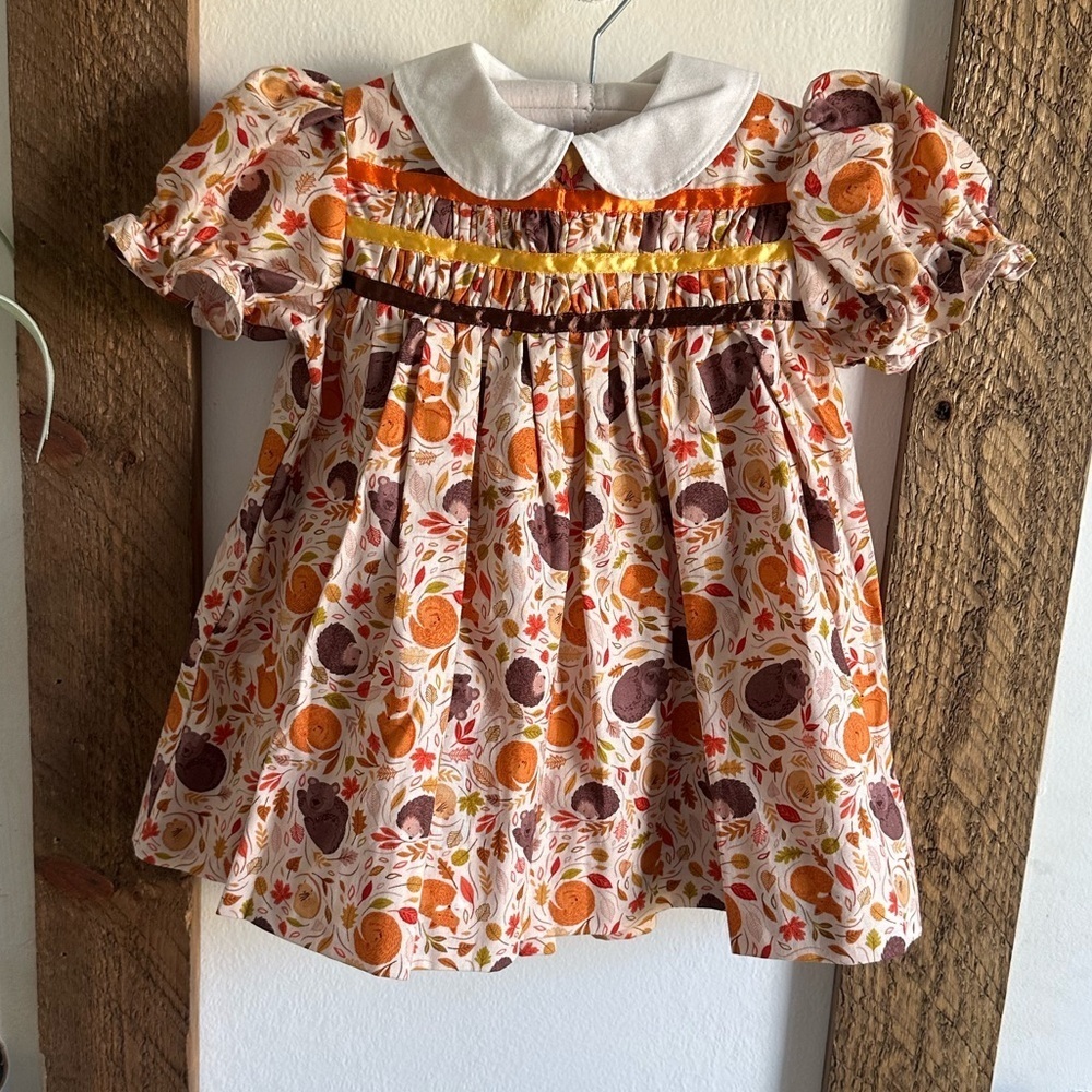 Boutique Hand Smocked Fall Leaves & Animals Handmade Baby Girl Dress 12-18 M